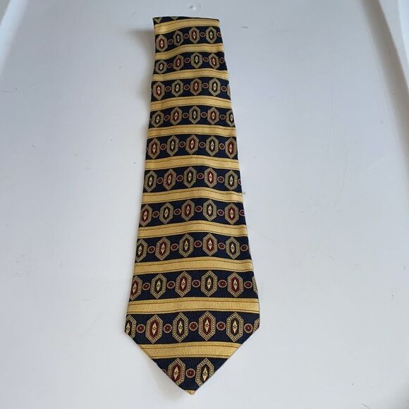 Vtg 90s Tommy Hilfiger yellow & navy blue paisley striped silk tie - Picture 2 of 6